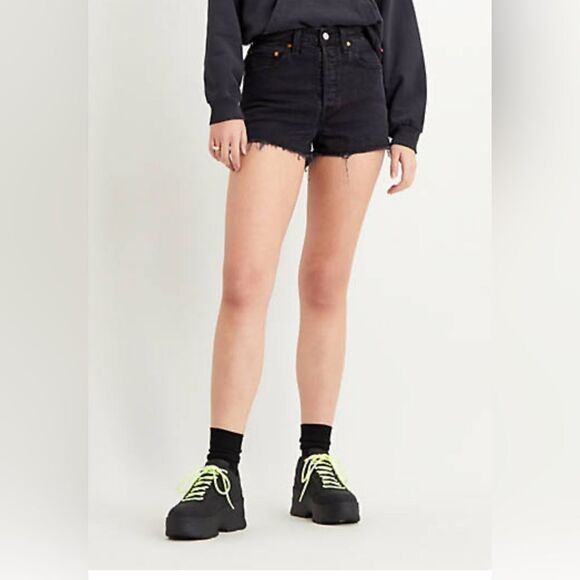 LEVI'S Ribcage Black Denim Jean Shorts High Waisted raw hem Size 28 - Picture 2 of 5